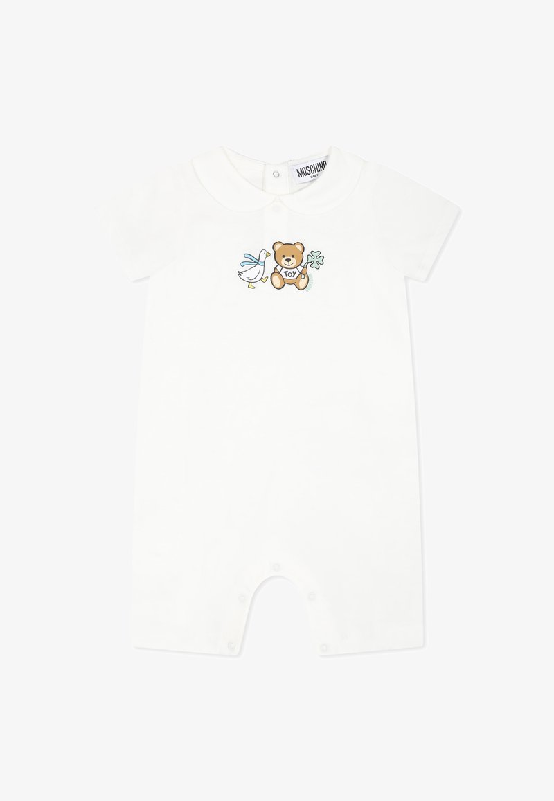 Witte katoenen romper met korte mouwen, voorzien van een beer- en vogelafbeelding op de borst, en drukknoopsluitingen onderaan.