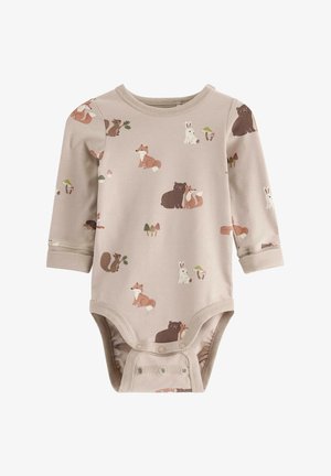 Langærmet babybodystocking i lyse beige bomuld med et fantasifuldt dyreprint, der viser bjørne, ræve og kaniner. Trykknaplukning i bunden.