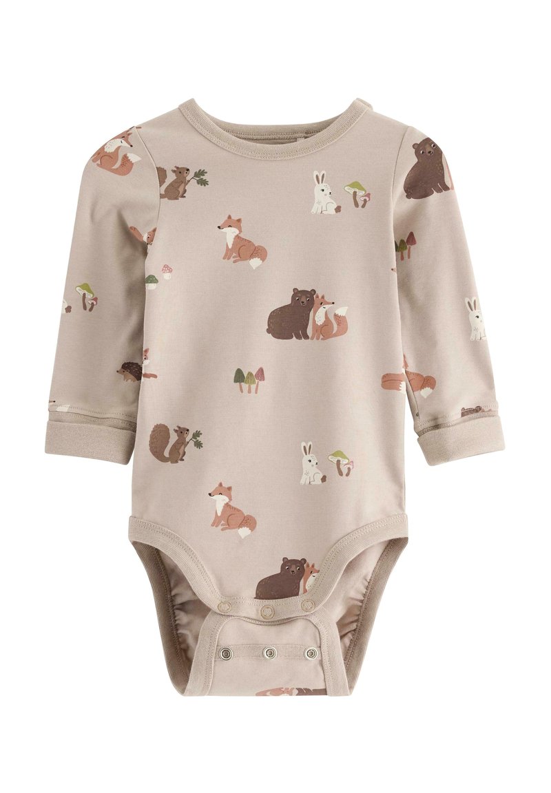 Langærmet babybodystocking i lyse beige bomuld med et fantasifuldt dyreprint, der viser bjørne, ræve og kaniner. Trykknaplukning i bunden.