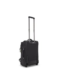 Valigia cabin con ruote nere realizzata in tessuto resistente, dotata di manico estraibile, ruote fluide, tasche laterali e una base piatta per la stabilità.