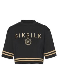 T-shirt nera corta con texture a rete, caratterizzata da un logo "SIKSILK" ricamato in oro e due strisce orizzontali dorate sulle maniche.