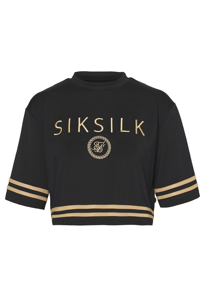 T-shirt nera corta con texture a rete, caratterizzata da un logo "SIKSILK" ricamato in oro e due strisce orizzontali dorate sulle maniche.