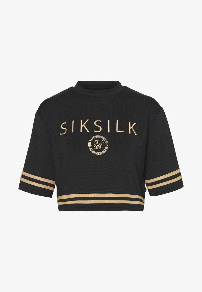 T-shirt nera corta con texture a rete, caratterizzata da un logo "SIKSILK" ricamato in oro e due strisce orizzontali dorate sulle maniche.