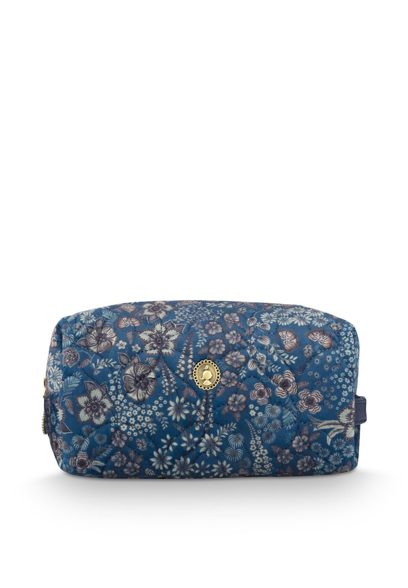 Gepolsterte Kosmetiktasche in Dunkelblau mit floralem Muster. Mit goldenen Beschlägen und Reißverschluss. Rechteckige Form mit seitlichem Griff.
