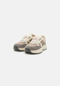 Beige und graue Sneaker aus Mesh- und Wildledermaterialien. Runde Zehenpartie, dicke Sohle und Schnürdesign. Strukturelle Akzente im Obermaterial.