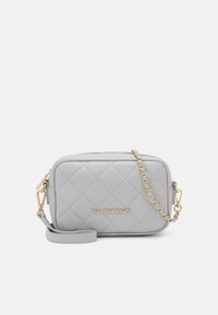 Gray quilted leather crossbody bag, featuring gold hardware, chain accents, and embossed "Valentino" logo on the front. Rectangular shape.