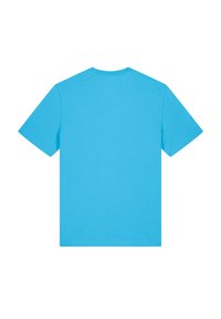 Korte mouwen t-shirt, effen felblauw, ronde halslijn, katoen stof, gladde textuur, geen patronen of accenten, alleen achterkant zicht.