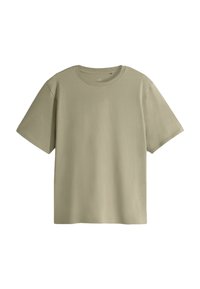 Kurzarm-T-Shirt in olivgrün, aus weicher Baumwolle, mit rundem Halsausschnitt und entspannter Passform. Sanfte Textur, minimalistisches Design.