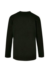 Tricou negru cu mânecă lungă, decolteu rotund. Fabricat dintr-un material moale, are o croială dreaptă și nu prezintă logo-uri sau modele vizibile.