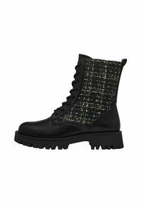Bottes noires à lacets avec une tige texturée noire et blanche, semelle à crampons en caoutchouc et collier rembourré pour le confort. Comprend des œillets en métal pour les lacets.