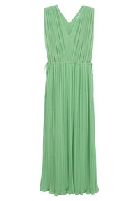 Vestido verde de pliegues con escote en V y cintura ajustable con cordón. Hecho de una tela ligera, el diseño fluido realza el movimiento.