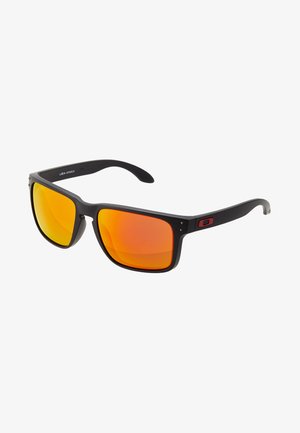 Black plastic sunglasses with orange mirrored lenses. Flat, rectangular lenses and a sleek frame featuring a small logo on the temple.
