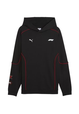 Zwarte hoodie met rode accenten, voorzien van een logo op de borst en de linker mouw. Gemaakt van een zachte, gestructureerde stof met een capuchon met trekkoord.