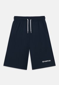 Marineblauwe katoenen shorts met een elastische tailleband, voorzien van witte trekkoorden en een klein wit logo op de linkerzoom.