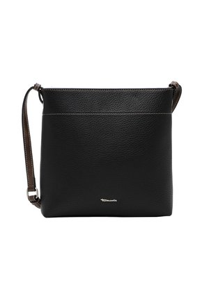 Borsa a tracolla in pelle nera con tracolla marrone regolabile e piccolo logo argentato al centro davanti su sfondo bianco.