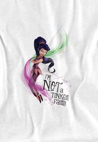 White fabric features a fairy character with purple hair and dress, alongside text that reads "I'M NOT a TINKER FAIRY" in bold black letters.