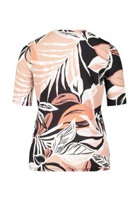 Blouse à manches courtes avec un motif de feuilles tropicales multicolores. Matière lisse ; les couleurs incluent le noir, le rose, le blanc et le beige.