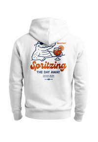 White hoodie featuring a graphic of a cartoon alligator holding a drink. Text reads “Spritzing THE DAY AWAY” with additional phrases and icons.
