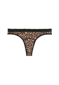 Leopardprint-Tanga aus weichem Stoff mit schwarzer Spitzenbordüre am Bund und einfarbigen schwarzen Kanten für einen nahtlosen Abschluss.