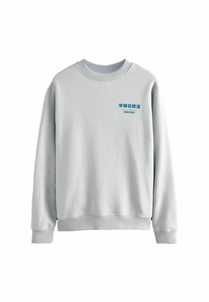 Hele hall sweatshirt ümarate kraede, soonikkude ja alläärega, ees teal värvi graafilise tekstiga. Pehme kangas sileda tekstuuriga.
