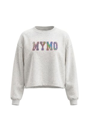 Lysegrå sweatshirt med lange ærmer og ribafslutninger, med farverige glitrende bogstaver, der staver "MYMO" på fronten.