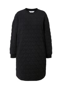 Zwarte gequiltte jurk met hartvormige patronen, lange mouwen en een ronde halslijn. Beschikt over geribde cuffs en een ontspannen silhouet.