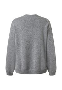 Grauer gestrickter Pullover mit lockerer Passform, Rundhalsausschnitt und langen Ärmeln. Besitzt einen strukturierten Stoff sowie gerippte Bündchen und Saum. Rückansicht gezeigt.