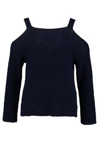 Marinblå stickad tröja med långa ärmar, off-the-shoulder design och texturerad tyg. Rak nederkant med lätt frans i botten.
