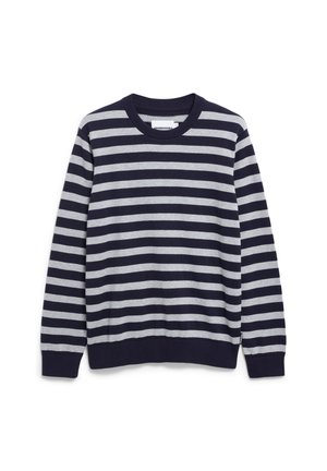 Pull rayé bleu marine et gris en tissu doux, avec un col rond, des manches longues et des poignets et un ourlet côtelés.