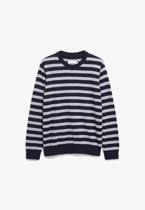Pull rayé bleu marine et gris en tissu doux, avec un col rond, des manches longues et des poignets et un ourlet côtelés.