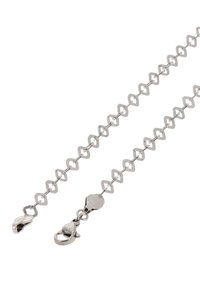 Srebrny łańcuch w zygzakowy wzór z geometrycznymi ogniwami, z mocnym zapięciem typu lobster po jednej stronie i serduszkowym zaczepem po drugiej.