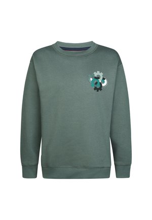 Zielona bluza z długim rękawem z prążkowanymi ściągaczami przy mankietach i u dołu, z małą grafiką nakładających się kół zębatych w odcieniach szarości, zieleni morskiej, czerni i bieli na piersi.
