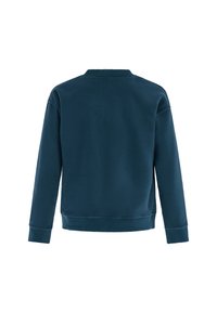 Marineblauwe fleecetrui met een ronde kraag, lange mouwen en ribgebreide manchetten. Soepele textuur met een relaxte pasvorm en geen merkbare patronen.