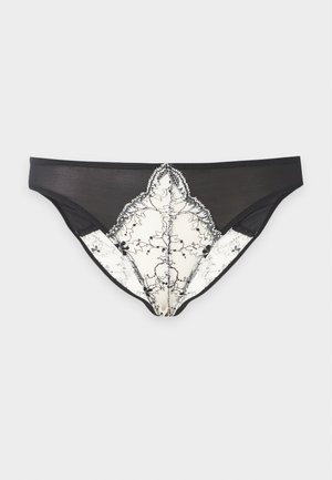 Čierne dámske bikiny s bielym a čiernym kvetinovým čipkovým vzorom na prednom strede a bokoch.