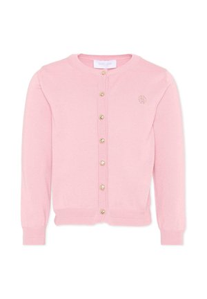 Cardigan en maille rose avec col rond, manches longues, sept boutons dorés sur le devant et petit logo brodé sur la poitrine gauche.