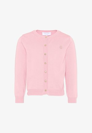 Cardigan en maille rose avec col rond, manches longues, sept boutons dorés sur le devant et petit logo brodé sur la poitrine gauche.