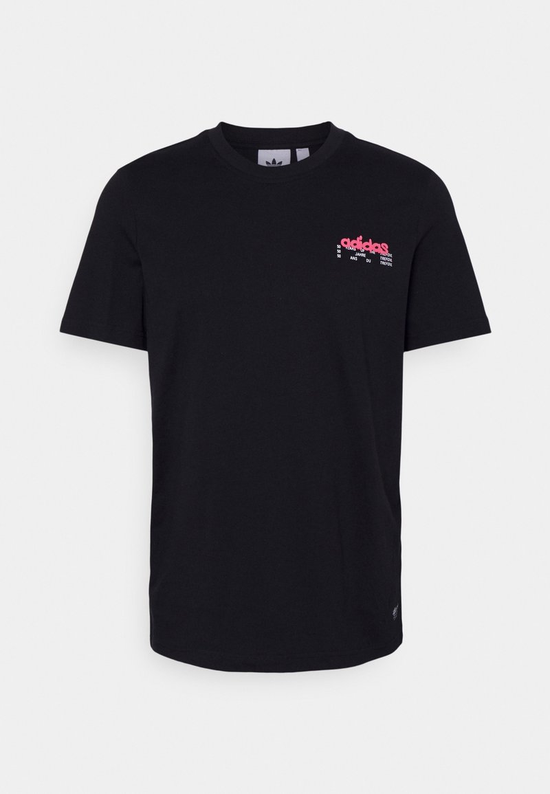 Black short-sleeve Adidas T-shirt with small pink logo and white text on upper left chest, crew neck, and plain design.