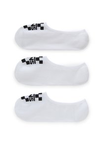 Calcetines de tobillo blancos de algodón, con un patrón a cuadros negro y logo en el talón. Textura suave, diseño bajo. Incluye tres pares.