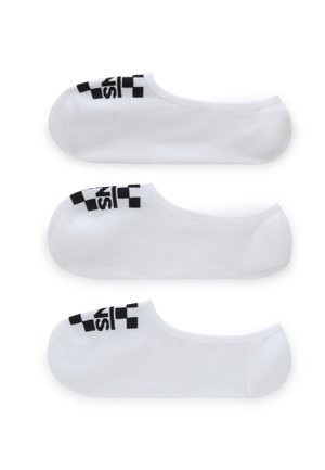 Calcetines de tobillo blancos de algodón, con un patrón a cuadros negro y logo en el talón. Textura suave, diseño bajo. Incluye tres pares.