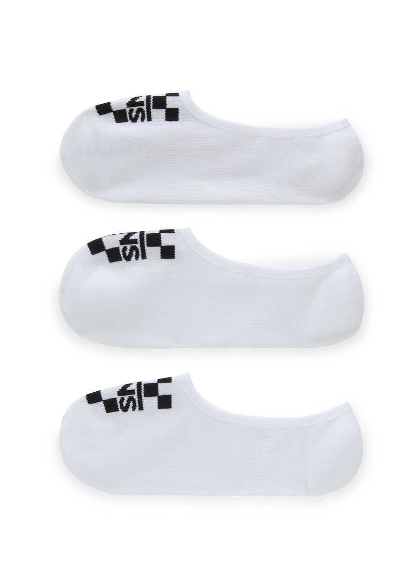 Calcetines de tobillo blancos de algodón, con un patrón a cuadros negro y logo en el talón. Textura suave, diseño bajo. Incluye tres pares.