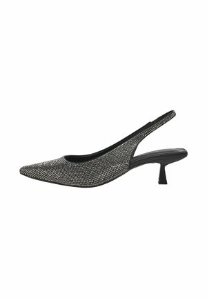 Décolleté nera con punta a punta, decorata con strass argento, con una parte superiore testurizzata e un piccolo tacco a blocco.