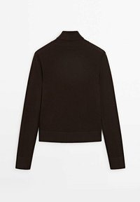 Brown turtleneck sweater with a cropped design, ribbed texture, and long sleeves. Features a high collar and a fitted hem.