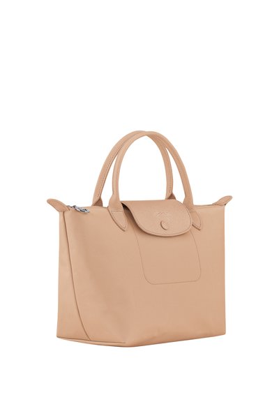 Beige rectangular handbag with double handles, flap closure with button, and top zipper, shown angled against white background.