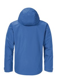 Blaue wasserdichte Jacke mit Kapuze, ausgestattet mit einer glatten Textur, langen Ärmeln und Klettverschluss-Akzenten an den Manschetten. Rückansicht dargestellt.