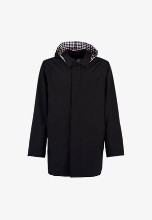 Schwarze Regenjacke mit einem karierten Innenfutter. Verfügt über eine knopfbare Vorderseite, Taschen und eine Kapuze. Hergestellt aus wasserabweisendem Material.