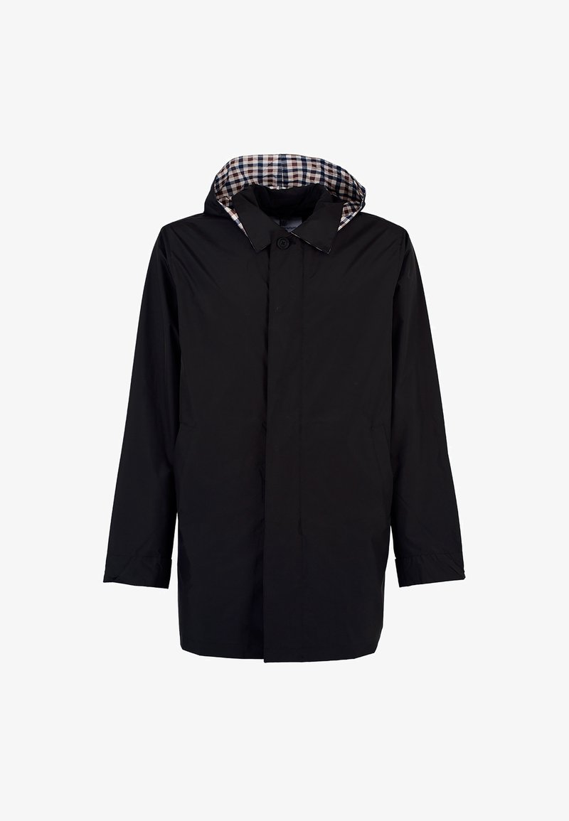 Giacca impermeabile nera con un interno a motivo check. Presenta una chiusura frontale con bottoni, tasche e cappuccio. Realizzata in materiale resistente all'acqua.