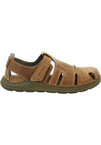 Brown leather sandal with open toe and sides, adjustable strap, contrasting stitching, and textured rubber sole. Suitable for casual wear.