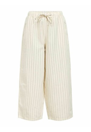 Crèmekleurige wijde broek met dunne verticale zwarte krijtstrepen en een elastische tailleband met een vooraan vast te knopen koord.