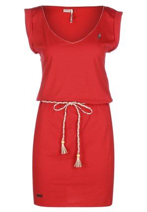 Red sleeveless dress with V-neck, braided white belt tied at the waist, and small buttons near the neckline.