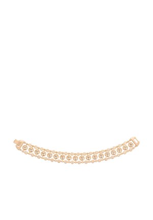 Gouden armband met twee rijen van ronde kraalverbindingen, elk met een kleine ingelegde heldere edelsteen, en een sluiting.